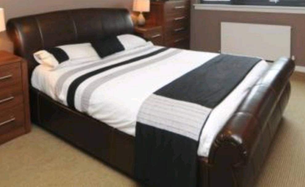 Bensons for Beds faux brown leather king size sleigh bed frame in