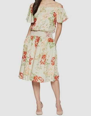 $118 Donna Morgan Women's Beige Off The Shoulder Linen Smocked Dress Size 4