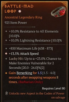 Diablo 4 Season 4 925+1 GA 13.5% Attack Speed/Lucky Vuln Ring Sorc/Rogue/Barb D4