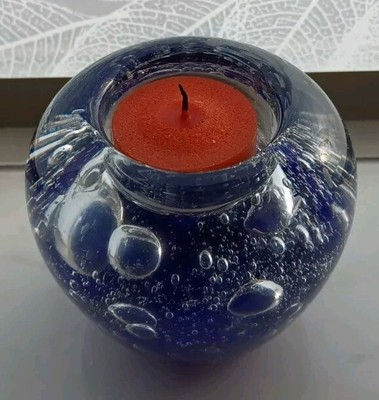 Fantastic Hand Blown Royal Blue Glass Votive Candle Holder with Bubbles
