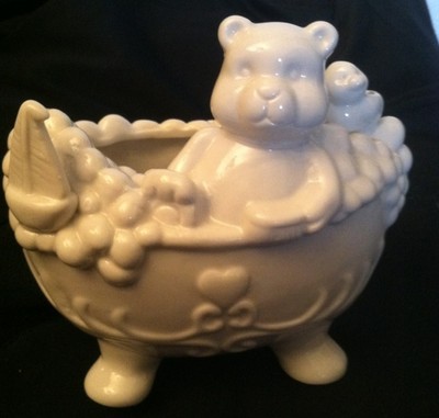 Cute Porcelain Bear taking a Bubble bath with his Rubber Ducky cottonball holder