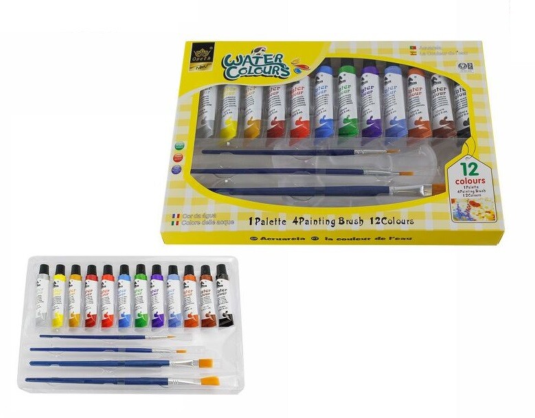 Kit 12 Tubetti Acquerelli Acquerello Pittura Colori Acqua 12ml + 4 Pennelli dfh