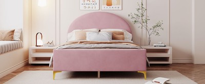 Full Size Upholstered Platform Bed, Semi-circle Headboard, Velvet, Metal Legs