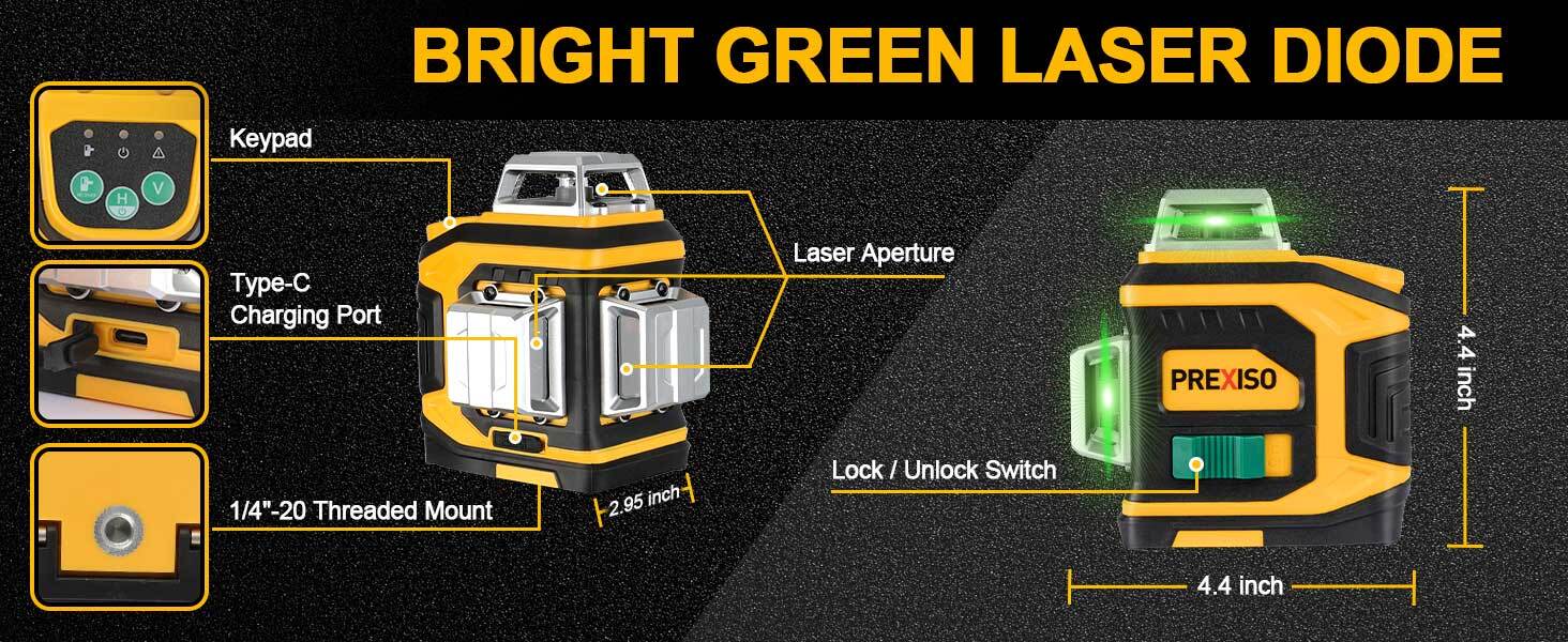 PREXISO Rechargeable 360° Self Leveling Green Laser Level with Tripod Automatic