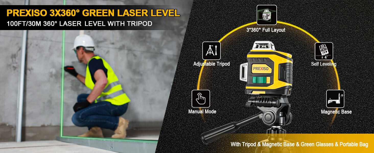 PREXISO Rechargeable 360° Self Leveling Green Laser Level with Tripod Automatic