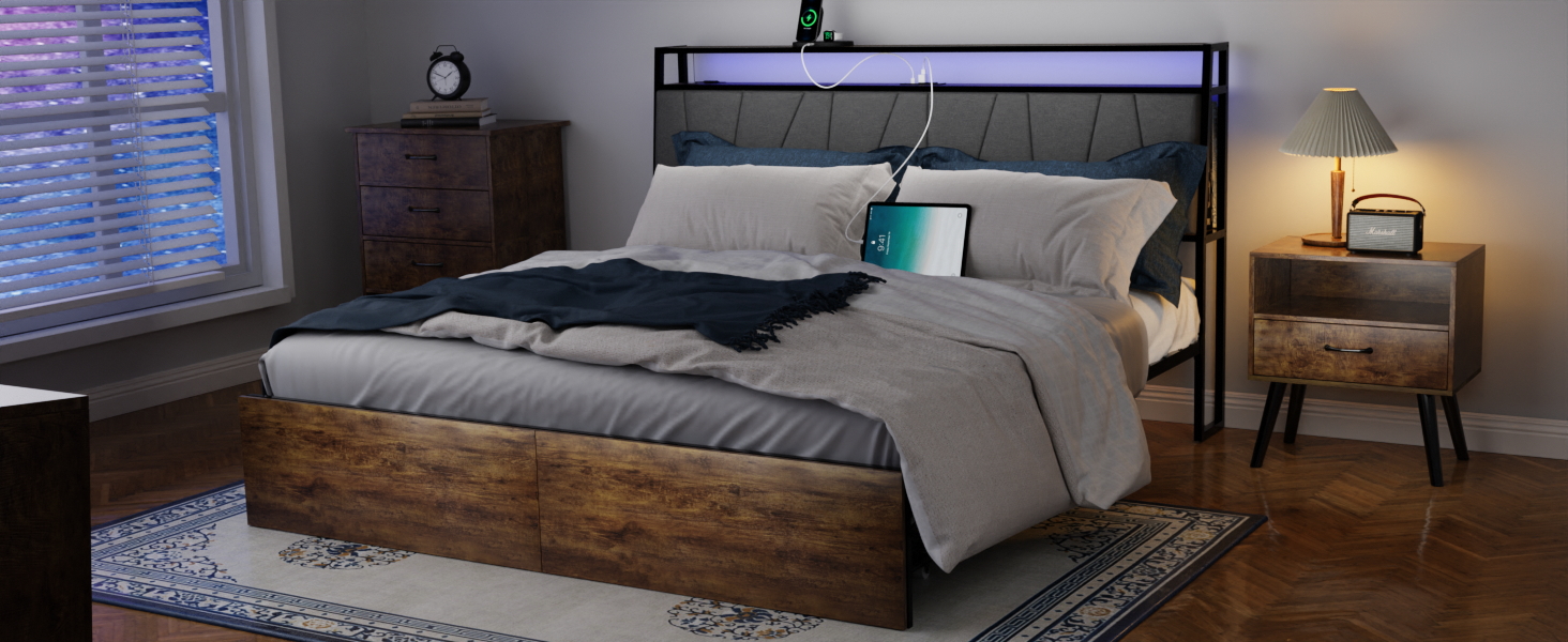 Queen Bed Frame W/ RGB Lights Charging Station Headboard 2 Drawers Rustic Brown
