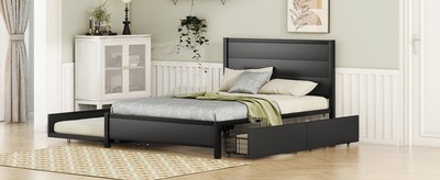 Metal Full Size Storage Platform Bed with Twin Size Trundle, 2 Drawers, Black