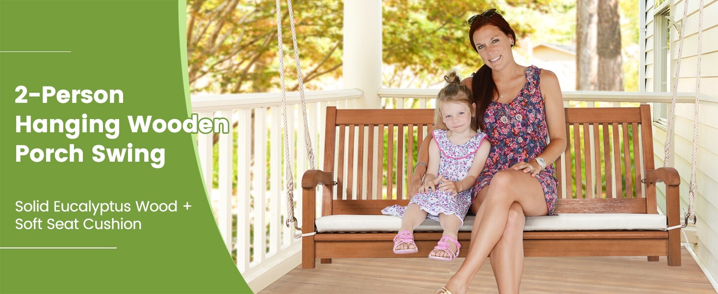 2-Person Hanging Porch Swing Wood Bench Backyard Natural W/ Cushion Curved Back