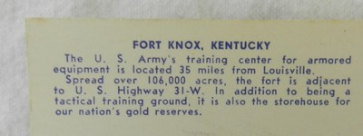 Souvenir Postcard Uncirculated Greetings from Fort Knox Kentucky Vintage