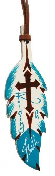 "RIDING ON FAITH" Leather TEAL & BROWN Painted Feather Saddle Tie On w/ Cross!!!
