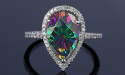 4.00 CTTW Lab Created  Rainbow Mystic Topaz Pear Cut Sterling Silver Ring