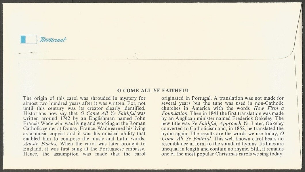 US FDC US 1981 CHRISTMAS STAMPS BARBARA BROWN CACHET O COME ALL YE FAITHFUL
