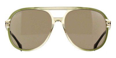 Pre-owned Gucci Gg1104s 003 Sunglasses Green Gold Frame Brown Lenses 61 Mm