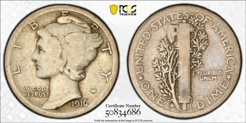 1916-D Mercury Dime, Key Date, PCGS/CAC Good-6