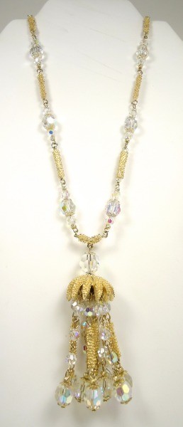 Vtg Vendome Long Gold-tone Aurora Borealis Bead & Tassel Necklace