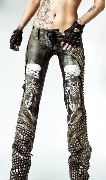 Pre-owned Handmade Women Designer Bespoke Studded Gothic Skull Punk Rock Italian Leather Pants In Black
