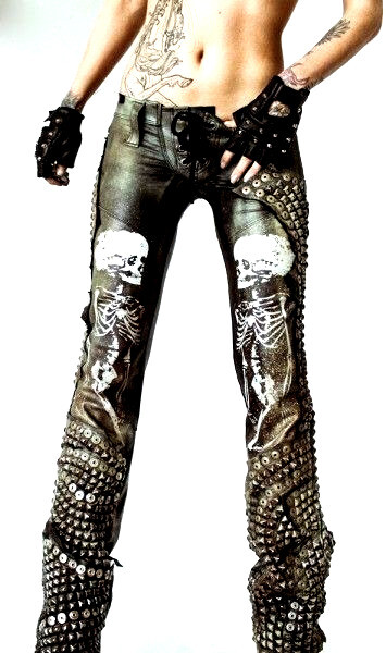 Pre-owned Handmade Women Designer Bespoke Studded Gothic Skull Punk Rock Italian Leather Pants In Black