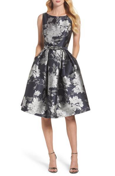 ELIZA J EMBELLISHED METALLIC JACQUARD FIT & FLARE DRESS sz 2