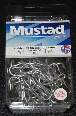 25 Pack Mustad 9430-DS Size 1 Durasteel Saltwater 5X Treble Hooks 9430DS-01
