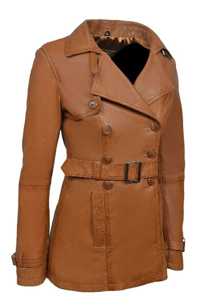 F$L DAMEN AUTHENTISCH LAMMLEDER ECHTLEDER TRENCH JACKE HELLBRAUN MODISCHER GÜRTEL