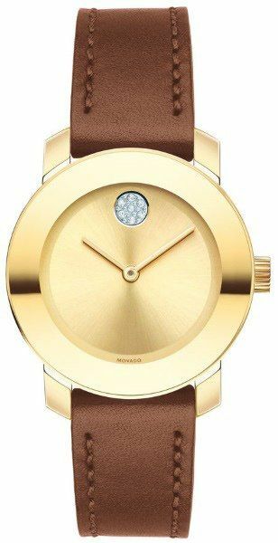 Pre-owned Movado 3600437 Bold Gold Tone Sunray Dial Brown Leather Watch