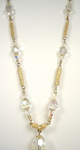 Vtg Vendome Long Gold-tone Aurora Borealis Bead & Tassel Necklace