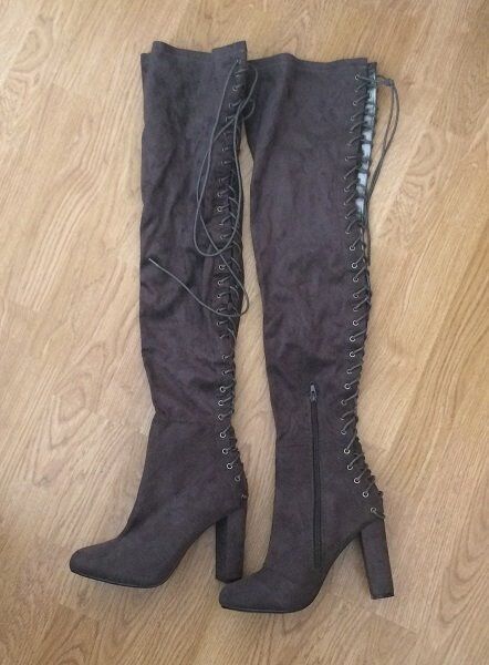 brown over the knee heel boots