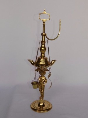 Vtg Tall 3 Burner Brass Whale Oil Figural Lamp wChatelaine Tools