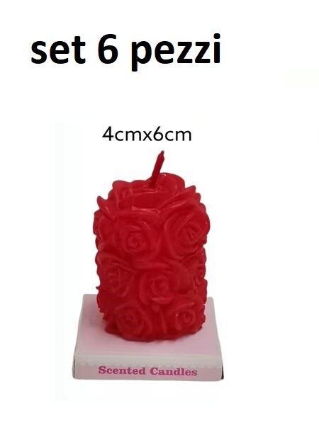 Set 6 Pezzi Candela Cilindrica Rossa Con Roselline Lumino Decorazione bal
