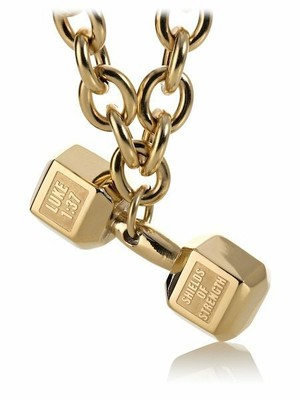Pre-owned Shields Of Strength Men's Gold Stainless Jumbo Dumbbell On Linked Chain Necklace Luke 1:37
