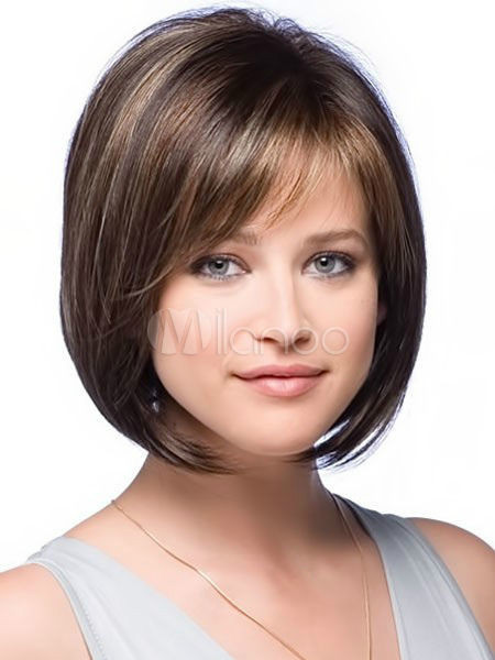 Brown Heat Resistant Fiber Side Swept Bangs Natural Women S Short