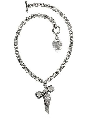 Pre-owned Shields Of Strength Heart Chain Necklace-phil 4:13 Dumbbell/ps 91:11 Swarovski Crystals Angel Wing In Silver
