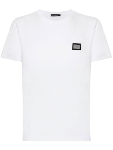 DOLCE & GABBANA DOLCE & GABBANA WHITE T-SHIRT WITH METALLIC PLAQUE