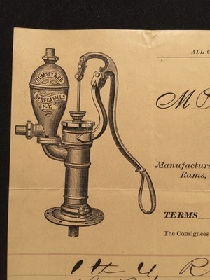 USED BILLHEAD 1872 RUMSEY & CO SENECA FALLS NY PUMP & FIRE ENGINE WKS ILLUS PUMP