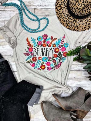 Texas True Threads Callie Ann Stetler "Be Happy" Floral Tee, Oatmeal
