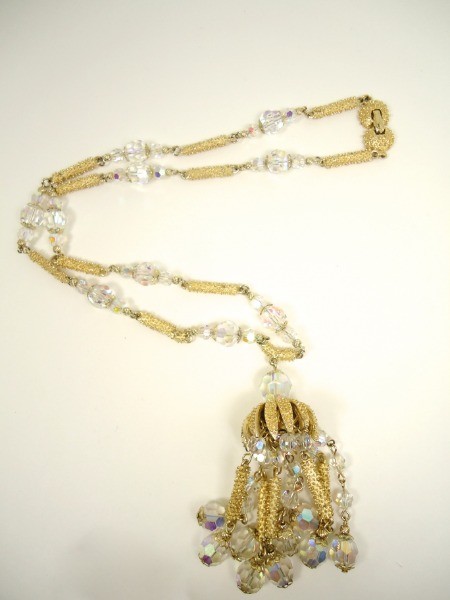 Vtg Vendome Long Gold-tone Aurora Borealis Bead & Tassel Necklace