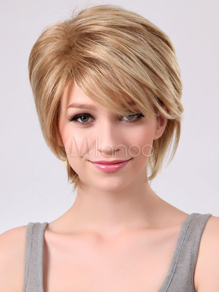 Quality Light Blonde Side Swept Bangs Synthetic Hair Wigs Short
