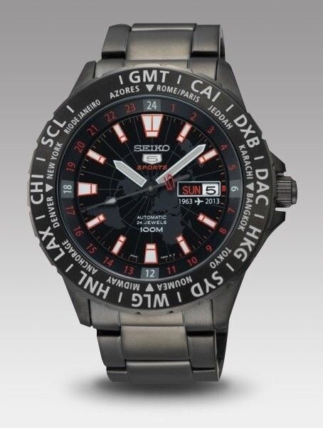 Pre-owned Seiko 5 Sports Srp437 Automatic Watch 50th Annv World Time Ip Coated Steel Black