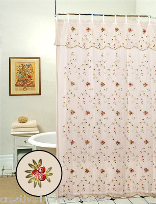 Embroidered Roses Shower Curtain Beige FREE S&H 8254