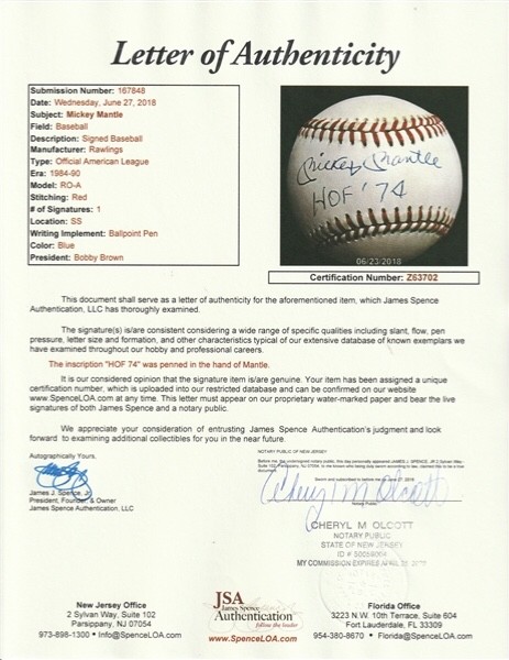 Mickey Mantle MINT SIG W/ “HOF 74” OAL Baseball. DUAL Auth by JSA/Mantle Museum
