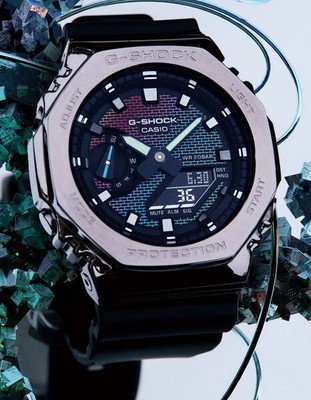 Pre-owned G-shock Casio  Gm2100rw-1a Rainbow Brick Wall Pattern Dial Black Band Watch