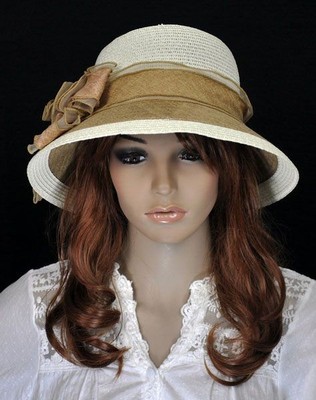 #Y301 Elegant Floral Lace Hemp Straw Wide Brim Summer Beach Sun Hat Cap CREAM