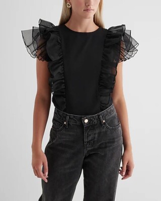 NWT! Express Skimming Crew Neck Tulle Flutter Sleeve Tee In Black, Small
