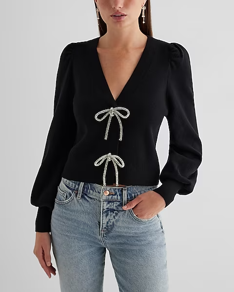 EXPRESS V-Neck Embellished Bow Cardigan - BLACK Size XL | eBay