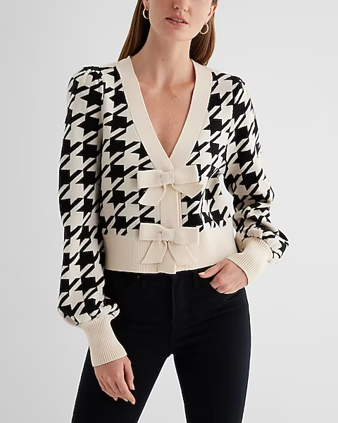 EXPRESS Houndstooth V-Neck Bow Cardigan - Size L | eBay