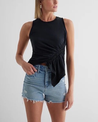 New! Express Skimming Crew Neck Ruched Asymmetrical Hem Tank, Black Small!