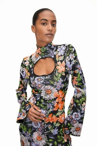 Pre-owned Rabanne H&m X Paco  Jacquard Knit Cut-out Floral Dress Sz Xl In Printed Orange/ Gold/silver/black