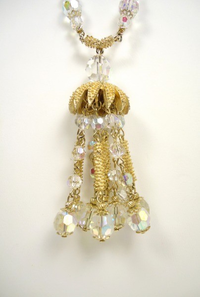 Vtg Vendome Long Gold-tone Aurora Borealis Bead & Tassel Necklace