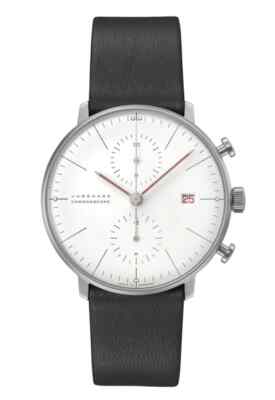 Junghans max bill Chronoscope Bauhaus White Dial Leather Strap Watch 27/4303.02