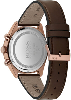 Pre-owned Hugo Boss Mens Wristwatch  Champion 1513817 Chrono Leather Brown Blue Gold Rose